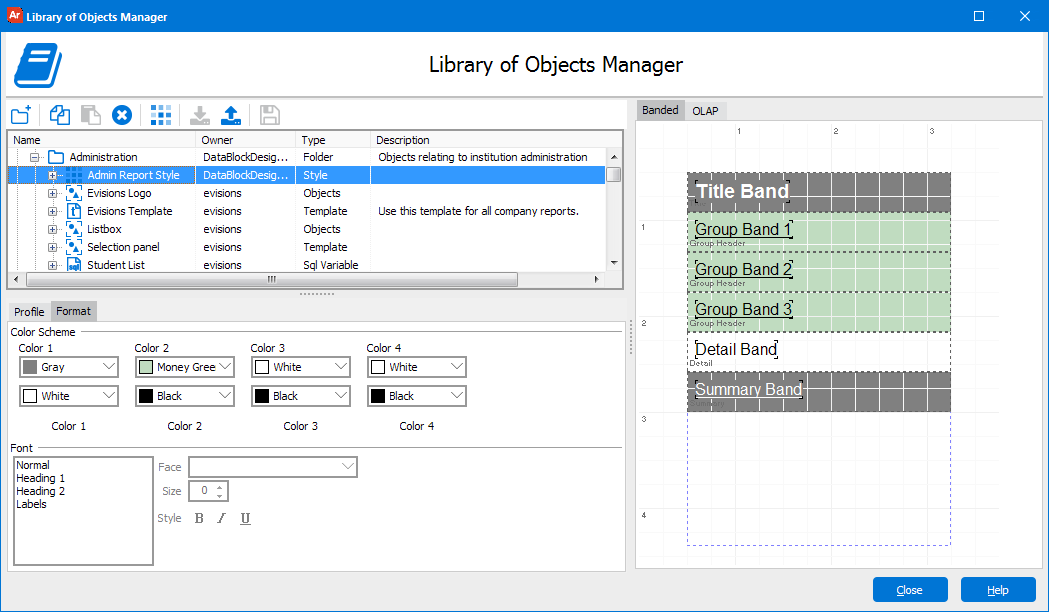 Library of Objects dialog with the Format tab selected.  Here you can apply color schemes to banded reports and OLAP cubes.